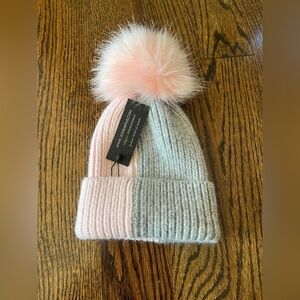 Heart Me Girls Knit Beanie with Pom Pom size 4/5 powder pink/ grey NWT